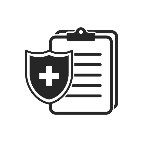 Flat icon with insurance linear icon. Medical clipboard. Medical health protection shield cross. Isolated vector sign symbol. EPS 10