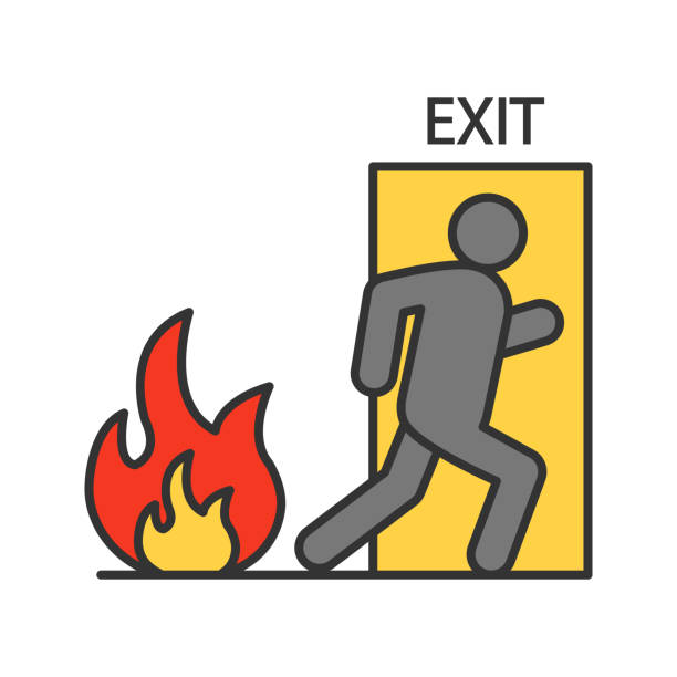 Fire emergency exit door with human vector color icon. Evacuation plan